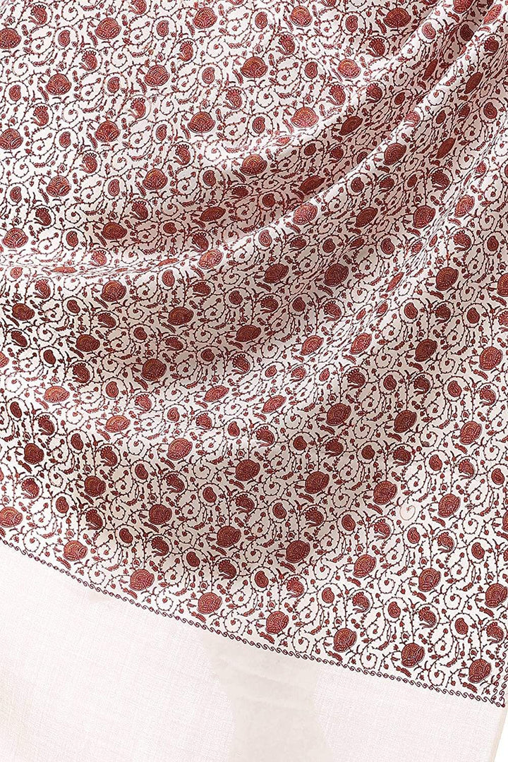 Pashtush Womens Embroidery Shawl White Silk Thread Work, Embroidery Design. Heritage Wool Collection