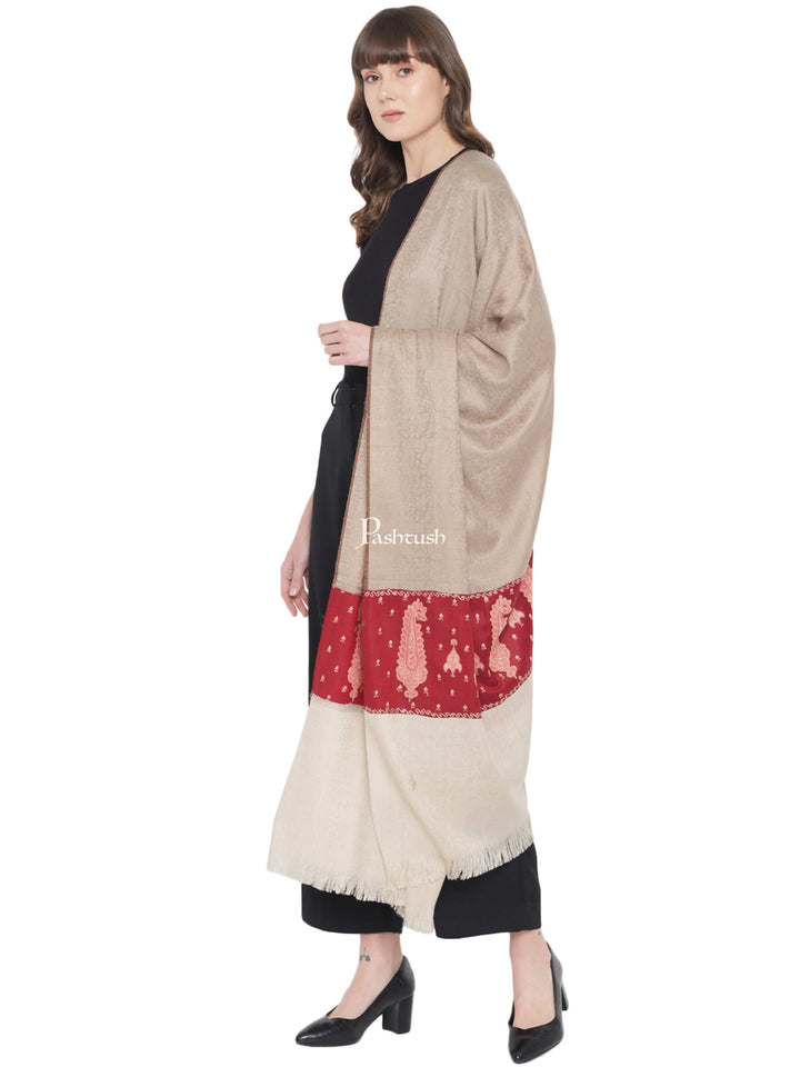 Pashtush India Womens Shawls Pashtush Womens Embroidery Shawl, Paiseley Stitched Palla, Beige and Maroon