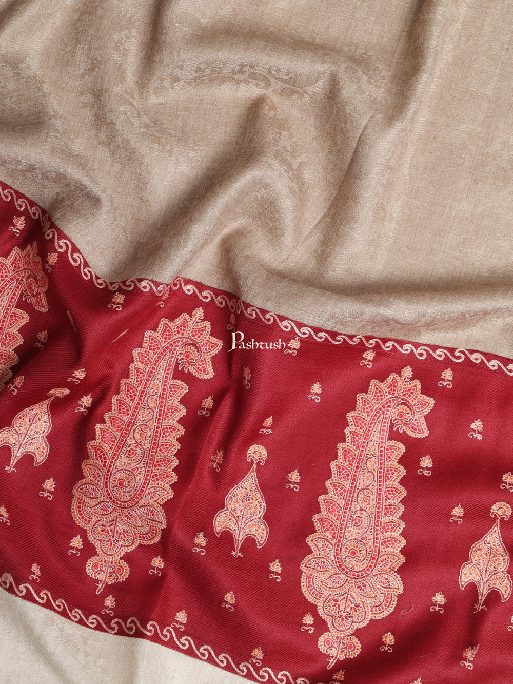 Pashtush India Womens Shawls Pashtush Womens Embroidery Shawl, Paiseley Stitched Palla, Beige and Maroon
