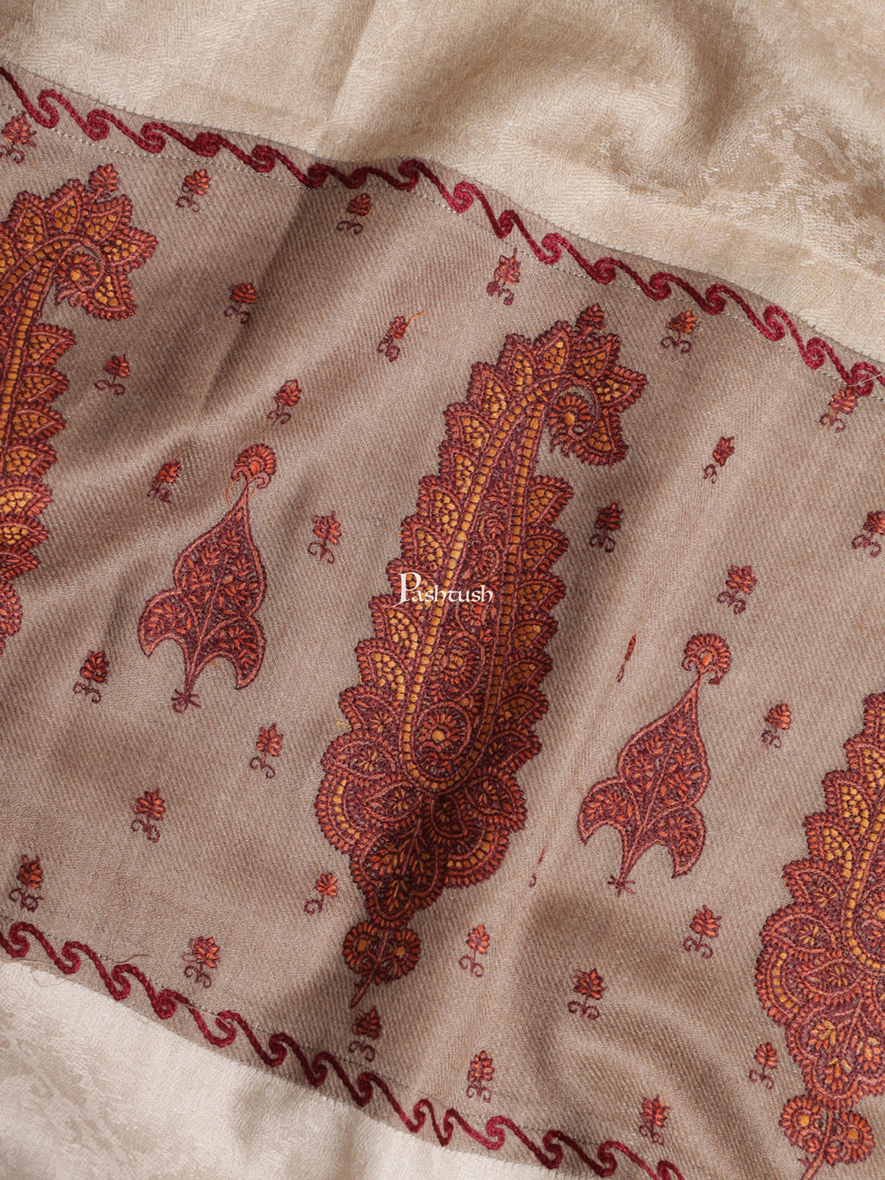 Pashtush India Womens Shawls Pashtush Womens Embroidery Shawl, Paiseley Stitched Palla, Beige and Taupe