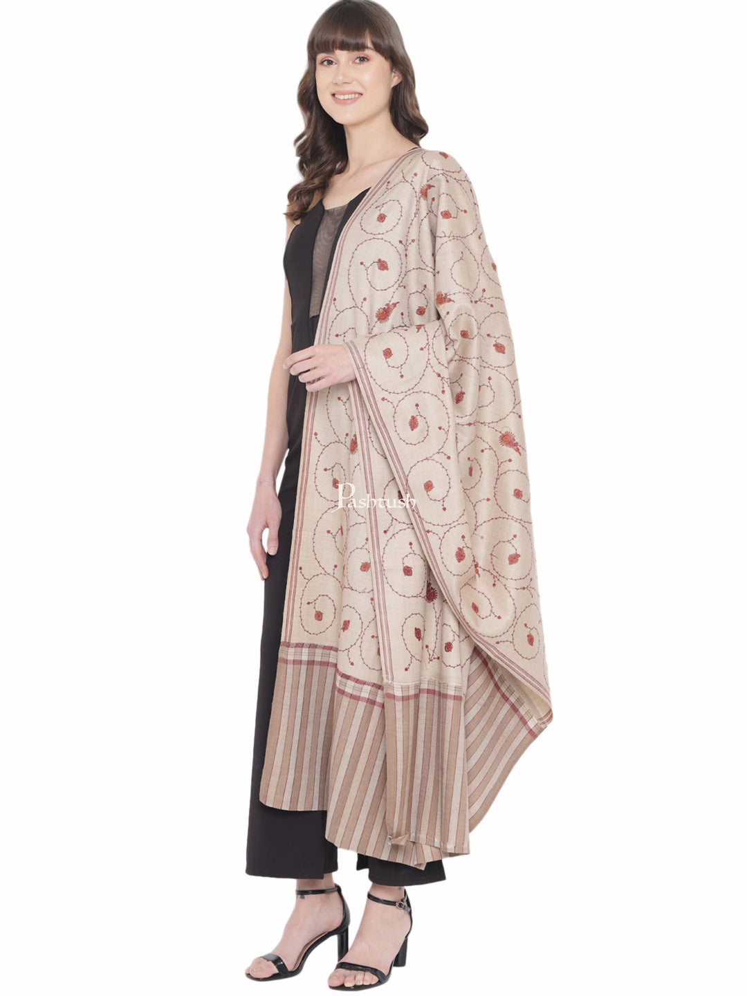 Pashtush India Womens Shawls Pashtush Womens Embroidery Shawl, Stitched Palla Design, Jaal Design, Beige