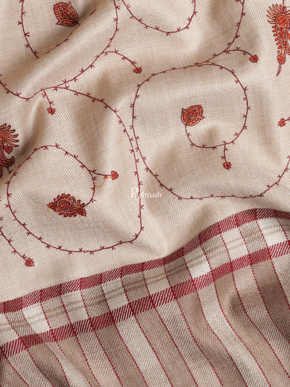 Pashtush India Womens Shawls Pashtush Womens Embroidery Shawl, Stitched Palla Design, Jaal Design, Beige