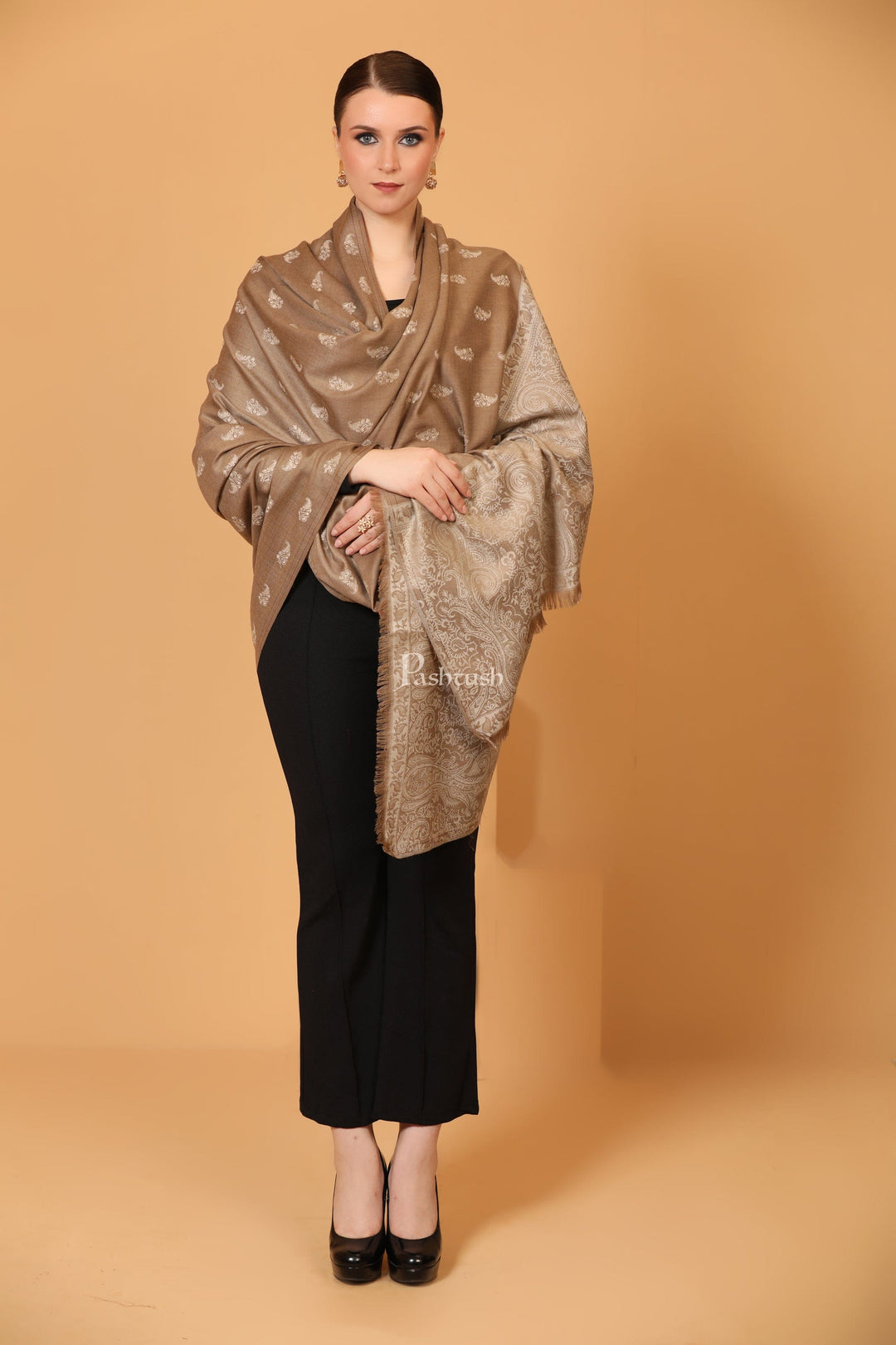 Pashtush India Womens Shawls Pashtush Womens Embroidery Shawl, Tone on Tone Jacquard Palla, Fine Wool, Beige