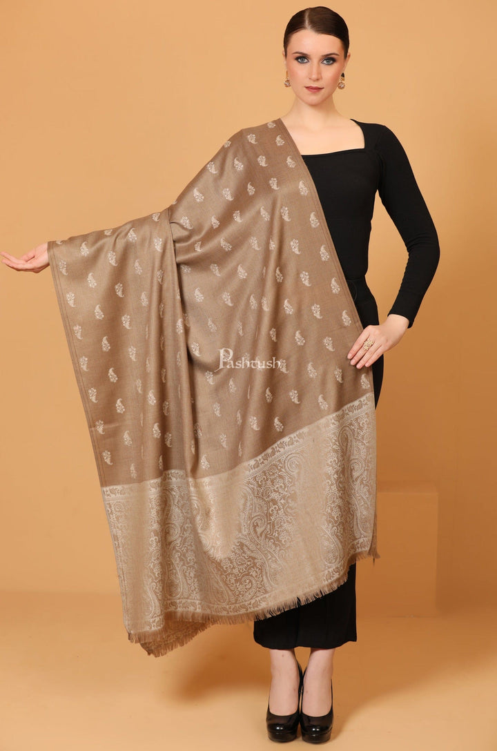 Pashtush India Womens Shawls Pashtush Womens Embroidery Shawl, Tone on Tone Jacquard Palla, Fine Wool, Beige