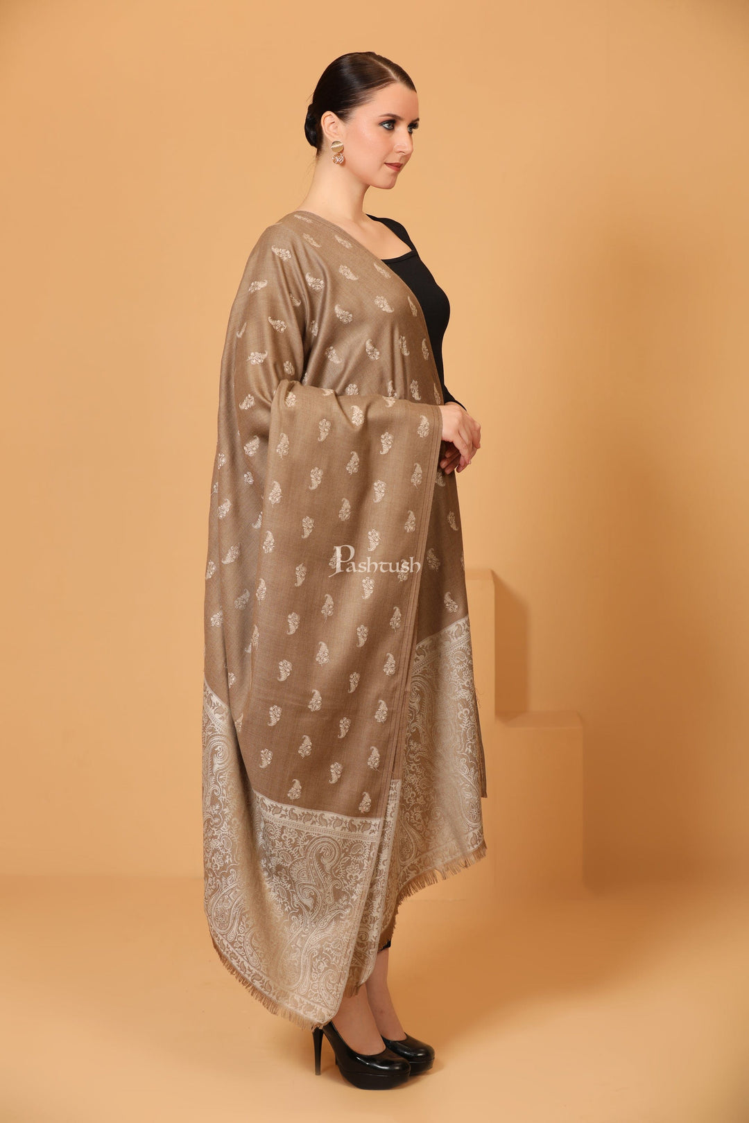 Pashtush India Womens Shawls Pashtush Womens Embroidery Shawl, Tone on Tone Jacquard Palla, Fine Wool, Beige