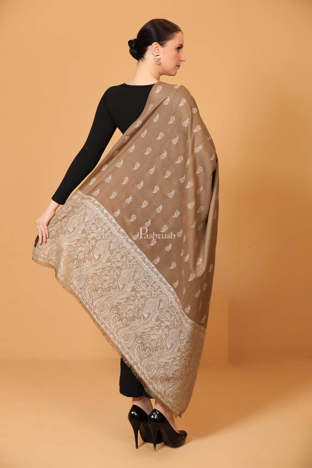 Pashtush India Womens Shawls Pashtush Womens Embroidery Shawl, Tone on Tone Jacquard Palla, Fine Wool, Beige