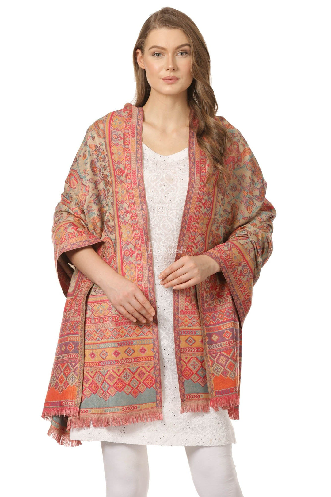 Pashtush India Womens Shawls Pashtush Womens Ethnic Shawl, Faux Pashmina, Woven Jacquard Design With Woven Paisleys, Soft And Warm Faux Pashmina