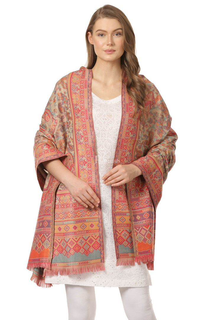 Pashtush India Womens Shawls Pashtush Womens Ethnic Shawl, Faux Pashmina, Woven Jacquard Design With Woven Paisleys, Soft And Warm Faux Pashmina