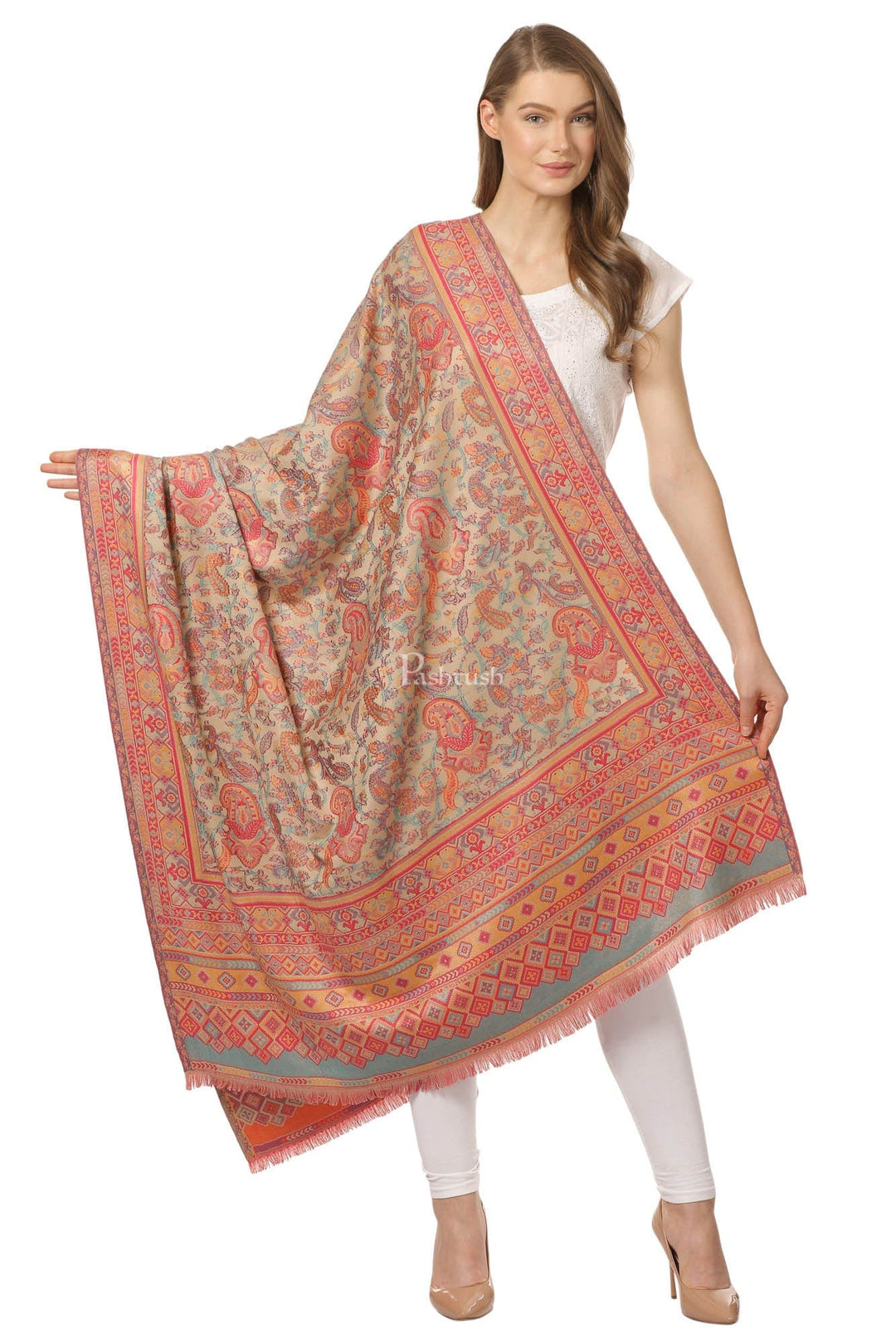 Pashtush India Womens Shawls Pashtush Womens Ethnic Shawl, Faux Pashmina, Woven Jacquard Design With Woven Paisleys, Soft And Warm Faux Pashmina
