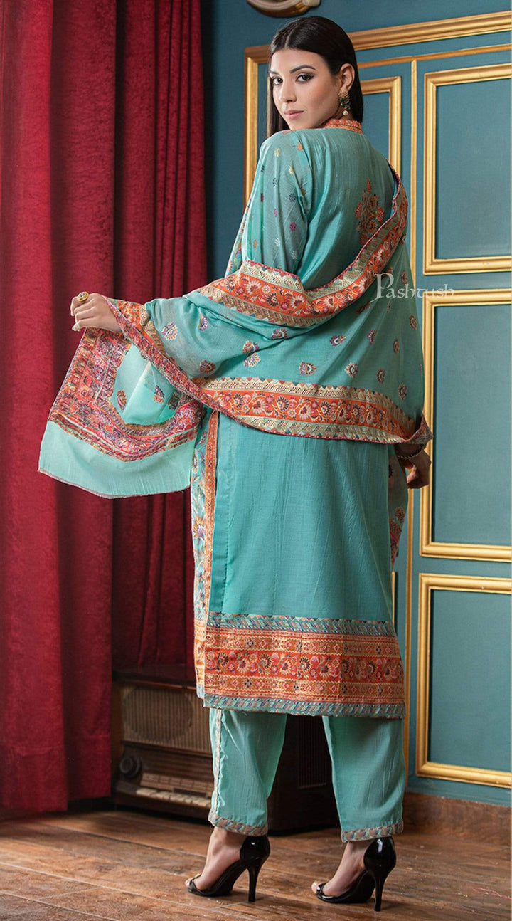 Pashtush India suit Pashtush Womens Ethnic Weave Cotton-Silk Unstitched Suit, Floral Blue