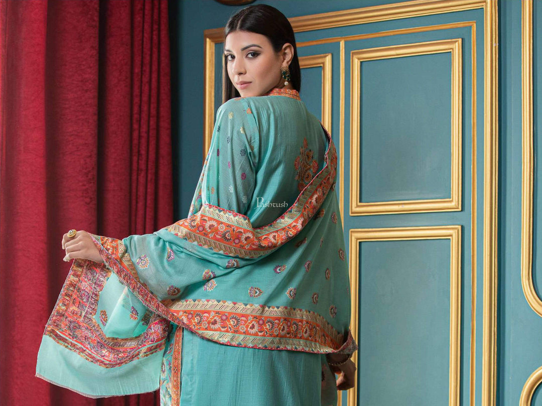 Pashtush India suit Pashtush Womens Ethnic Weave Cotton-Silk Unstitched Suit, Floral Blue