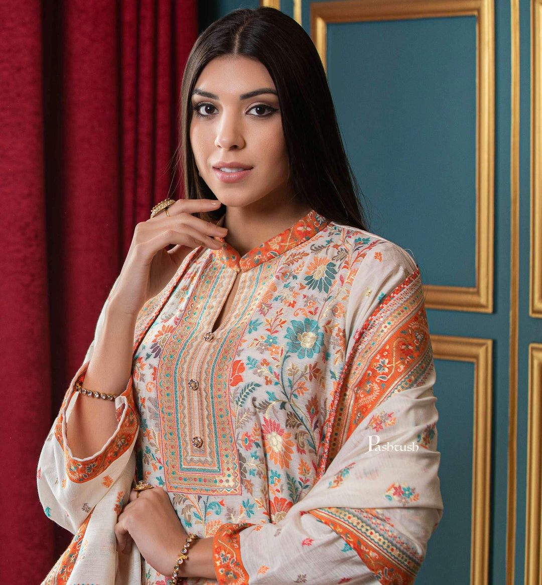 Pashtush India suit Pashtush Womens Ethnic Weave Cotton-Silk Unstitched Suit, Pastel Hues