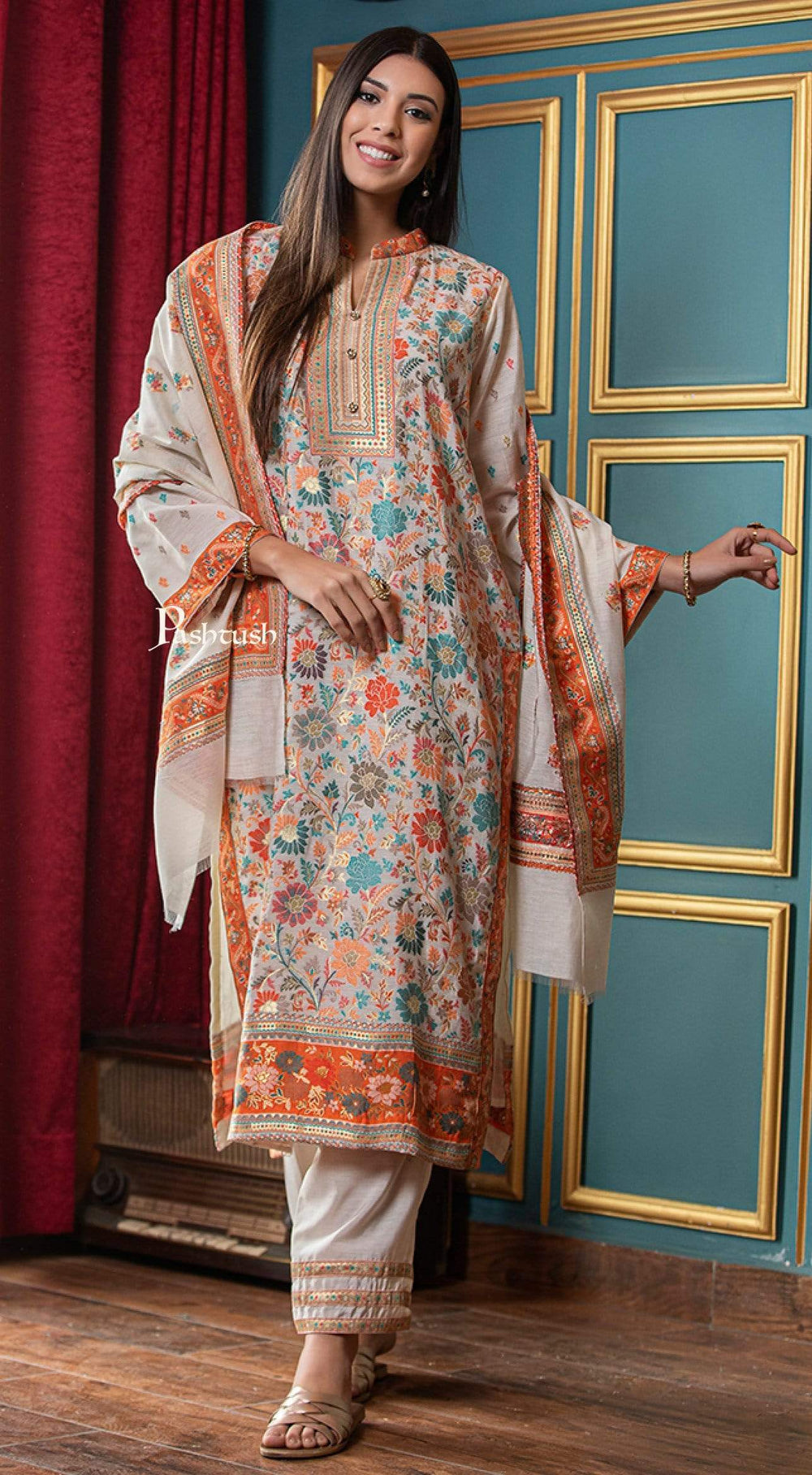 Pashtush India suit Pashtush Womens Ethnic Weave Cotton-Silk Unstitched Suit, Pastel Hues