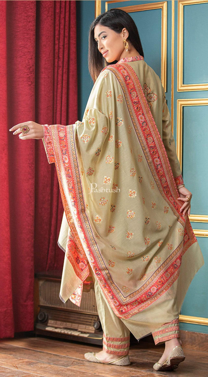 Pashtush India suit Pashtush Womens Ethnic Weave Cotton-Silk Unstitched Suit, Sombre Florals