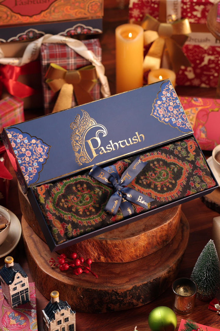 Pashtush India Gift Pack Pashtush Womens Ethnic Weave Shawl, Pure Wool With Woolmark Certificate, Black