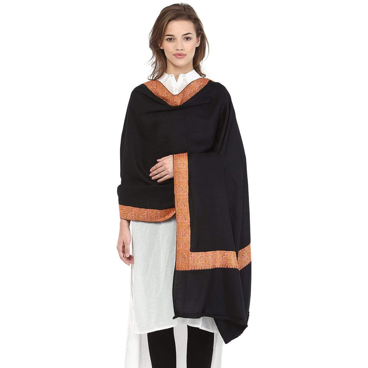 Pashtush India Womens Shawls Pashtush Womens Extra Fine Wool Embroidery Border Shawl , Black