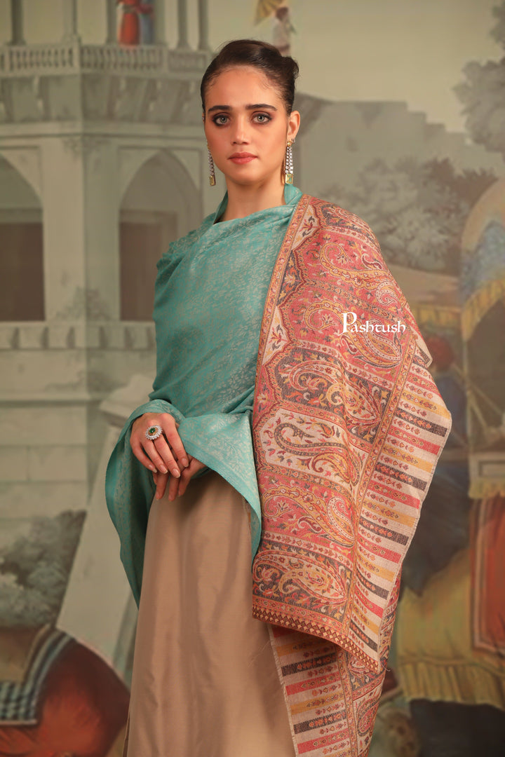 Pashtush India Womens Shawls Pashtush Womens Extra Fine Wool Shawl, Ambi Palla Design, Seagreen