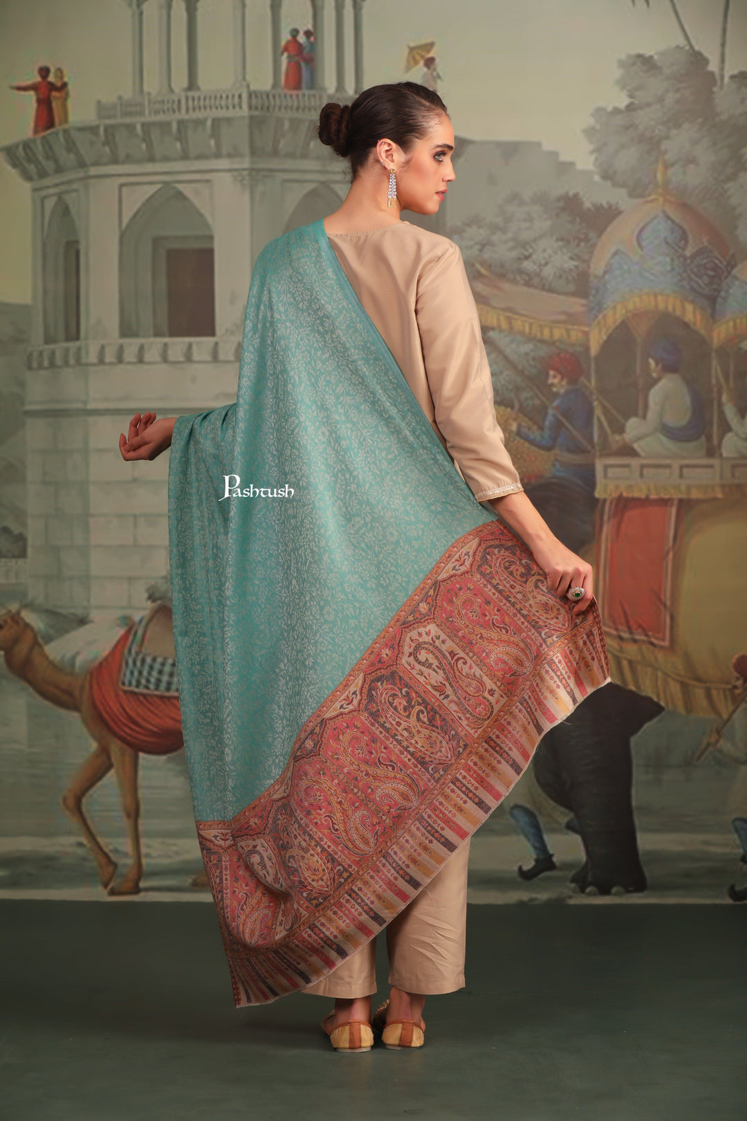 Pashtush India Womens Shawls Pashtush Womens Extra Fine Wool Shawl, Ambi Palla Design, Seagreen