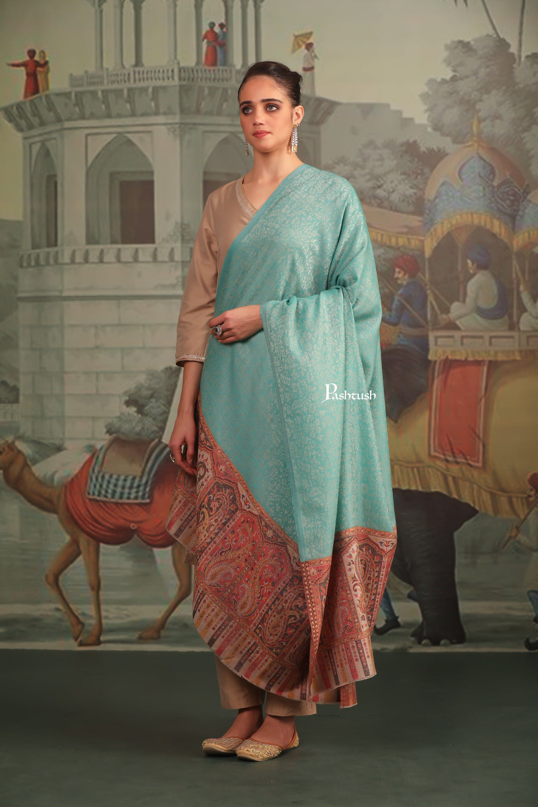 Pashtush India Womens Shawls Pashtush Womens Extra Fine Wool Shawl, Ambi Palla Design, Seagreen