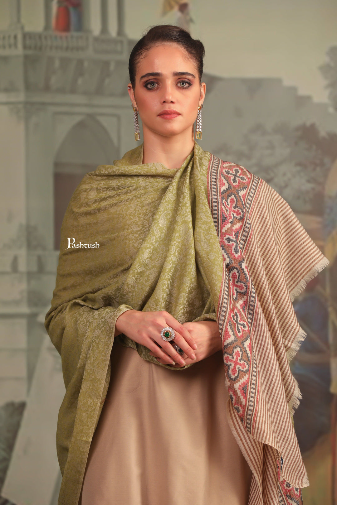Pashtush India Womens Shawls Pashtush Womens Extra Fine Wool Shawl, Aztec Palla Design, Olive Green