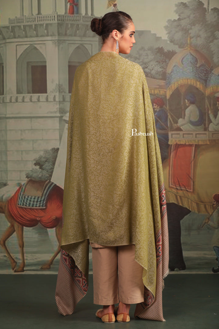 Pashtush India Womens Shawls Pashtush Womens Extra Fine Wool Shawl, Aztec Palla Design, Olive Green