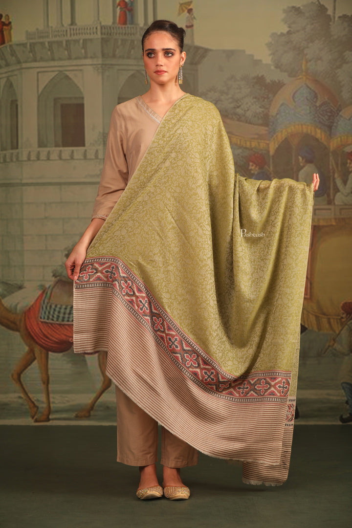 Pashtush India Womens Shawls Pashtush Womens Extra Fine Wool Shawl, Aztec Palla Design, Olive Green