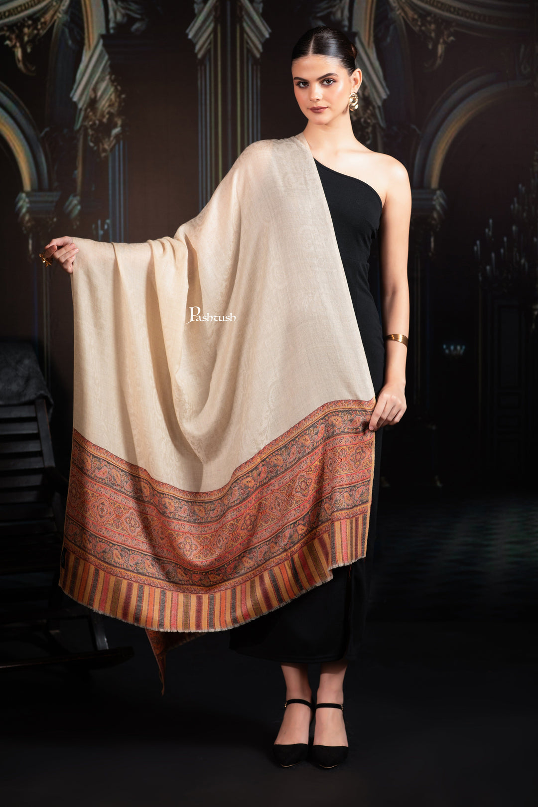 Pashtush India Womens Shawls Pashtush Womens Extra Fine Wool Shawl, Aztec Palla Woven Design, Beige