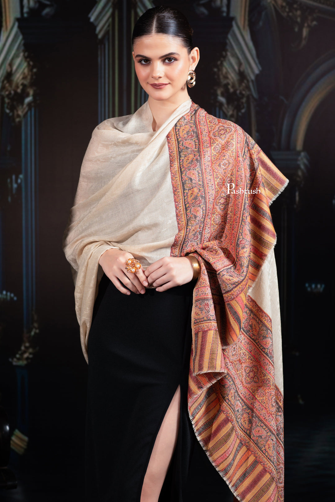 Pashtush India Womens Shawls Pashtush Womens Extra Fine Wool Shawl, Aztec Palla Woven Design, Beige