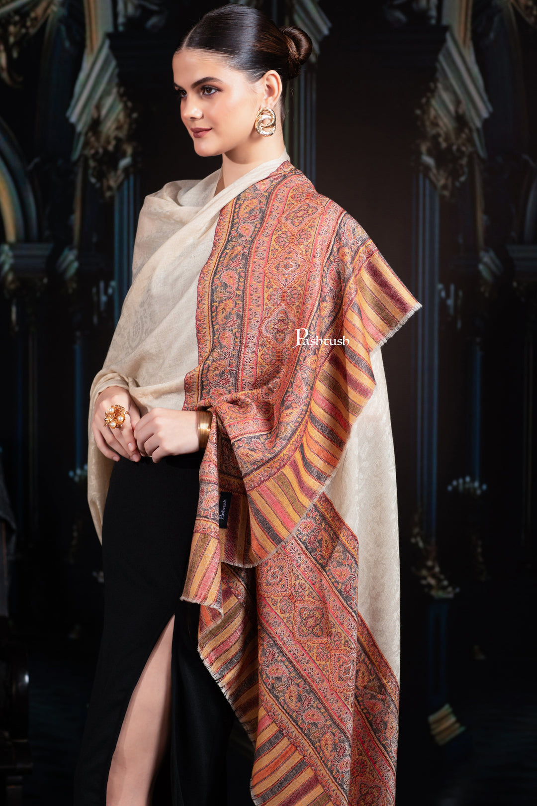 Pashtush India Womens Shawls Pashtush Womens Extra Fine Wool Shawl, Aztec Palla Woven Design, Beige