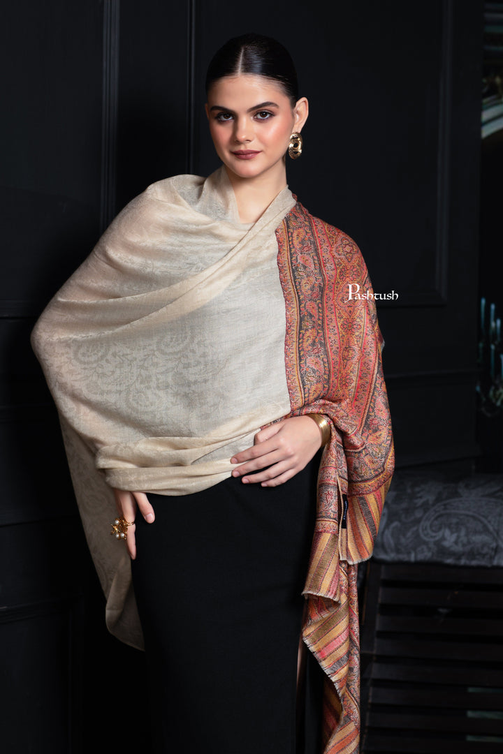 Pashtush India Womens Shawls Pashtush Womens Extra Fine Wool Shawl, Aztec Palla Woven Design, Beige