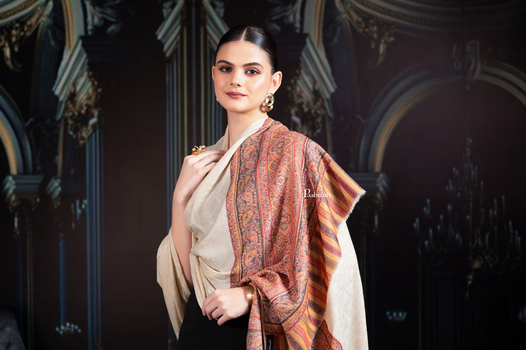 Pashtush India Womens Shawls Pashtush Womens Extra Fine Wool Shawl, Aztec Palla Woven Design, Beige