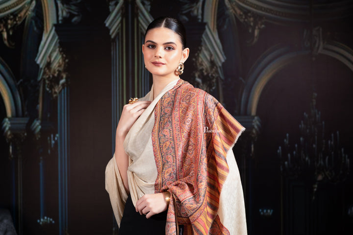 Pashtush India Womens Shawls Pashtush Womens Extra Fine Wool Shawl, Aztec Palla Woven Design, Beige