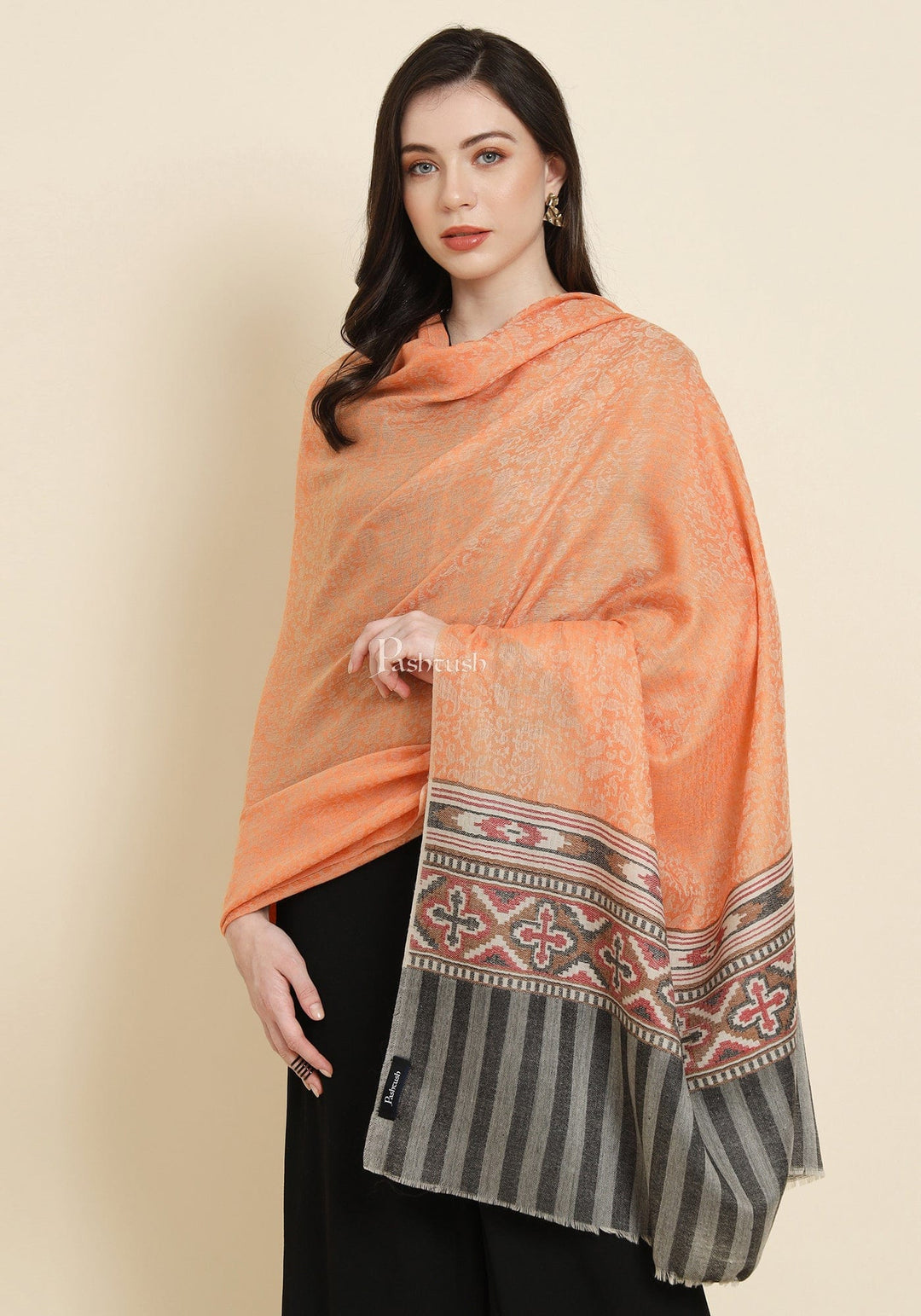 Pashtush India Womens Shawls Pashtush Womens Extra Fine Wool Shawl, Aztec Weave Design, Peach