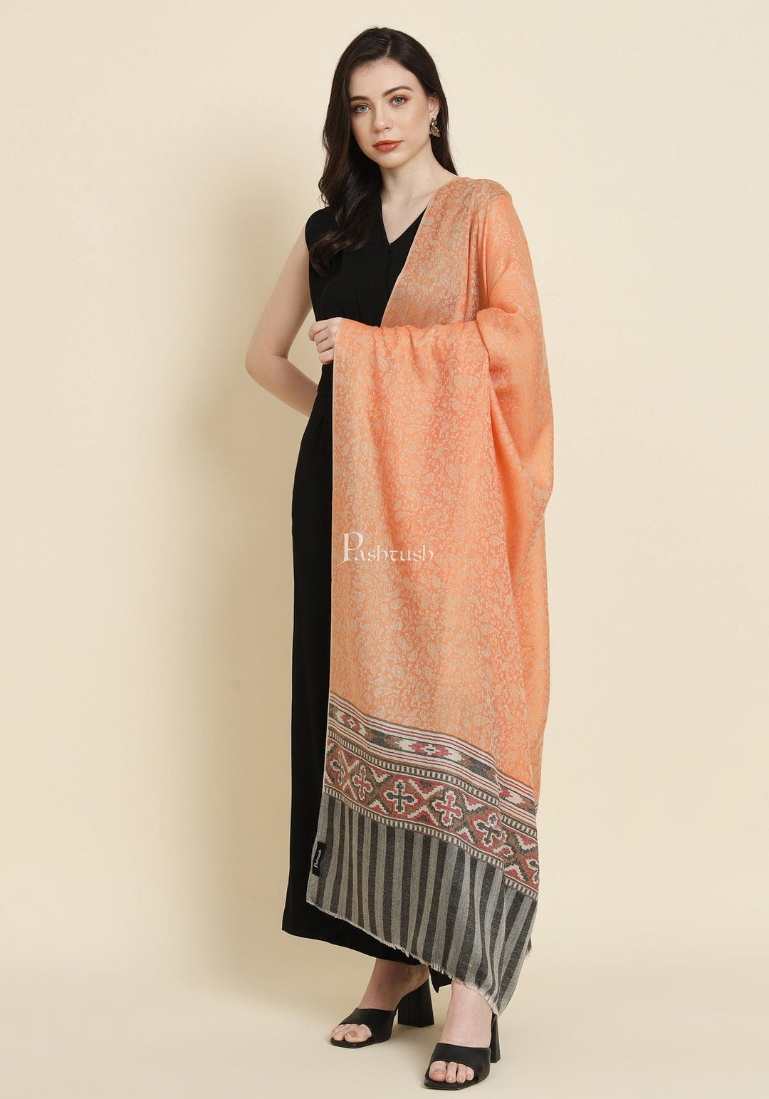 Pashtush India Womens Shawls Pashtush Womens Extra Fine Wool Shawl, Aztec Weave Design, Peach