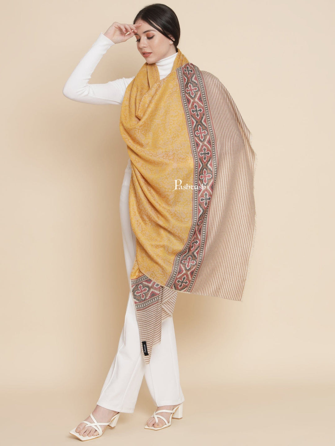Pashtush India Womens Shawls Pashtush Womens Extra Fine Wool Shawl, Aztec Weave Design, Yellow
