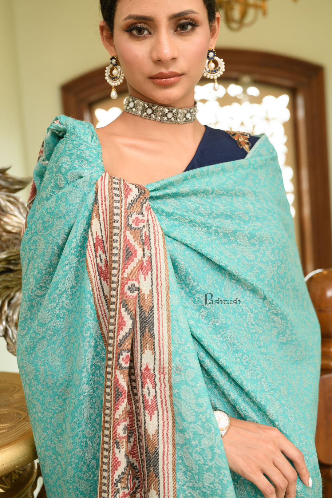 Pashtush India Womens Shawls Pashtush Womens Extra Fine Wool Shawl, Aztec Weave Palla Design, Arabic Sea Green