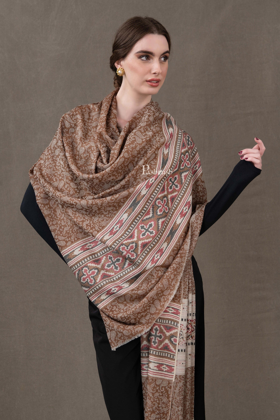 Pashtush India Womens Shawls Pashtush Womens Extra Fine Wool Shawl, Aztec Weave Palla Design, Coffee
