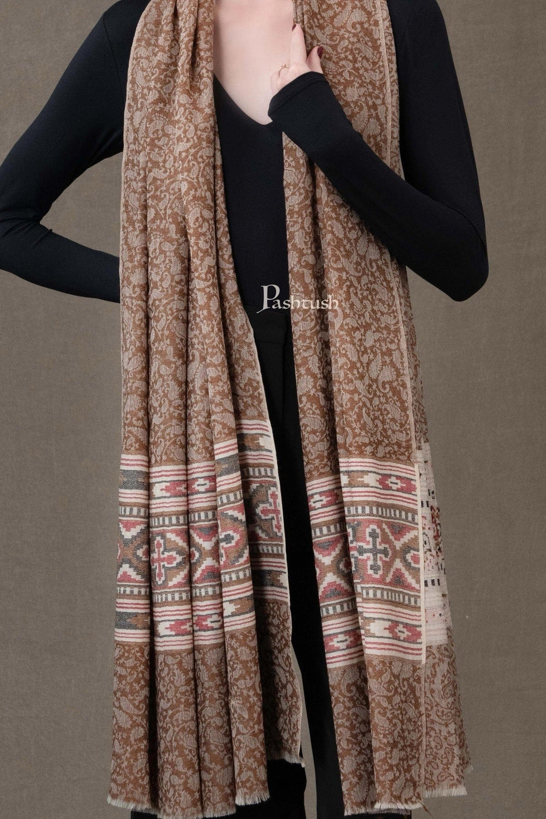 Pashtush India Womens Shawls Pashtush Womens Extra Fine Wool Shawl, Aztec Weave Palla Design, Coffee