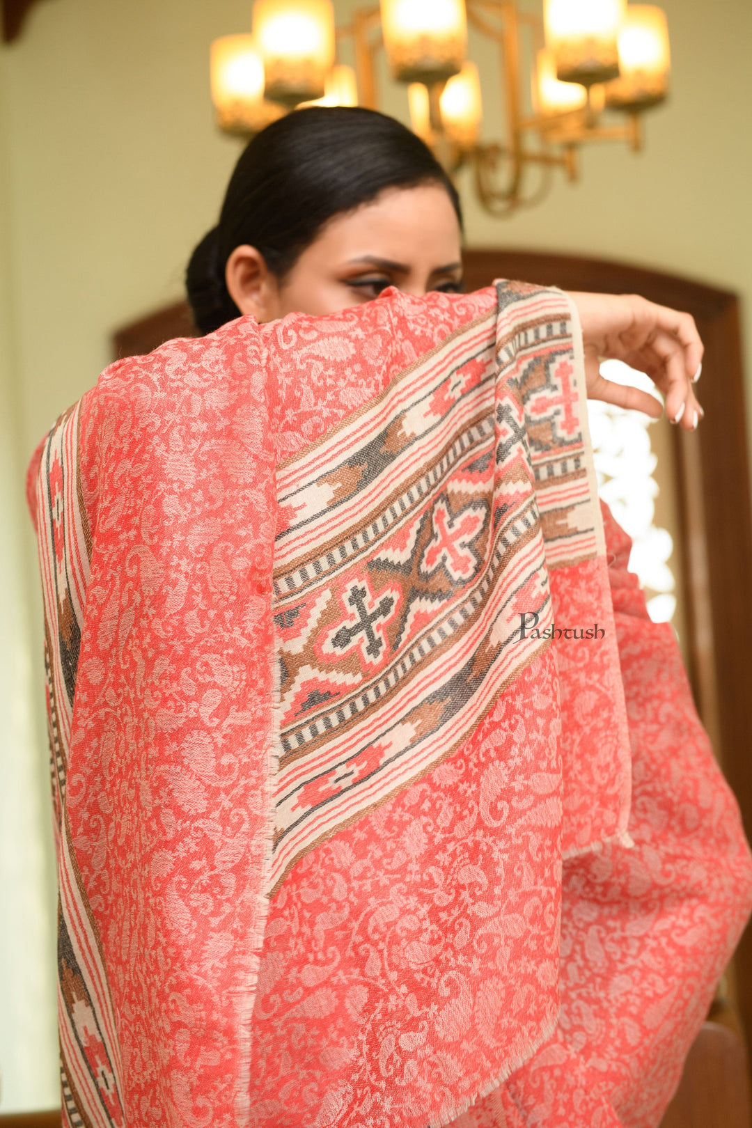 Pashwool Womens Shawls Pashtush Womens Extra Fine Wool Shawl, Aztec Weave Palla Design, Red