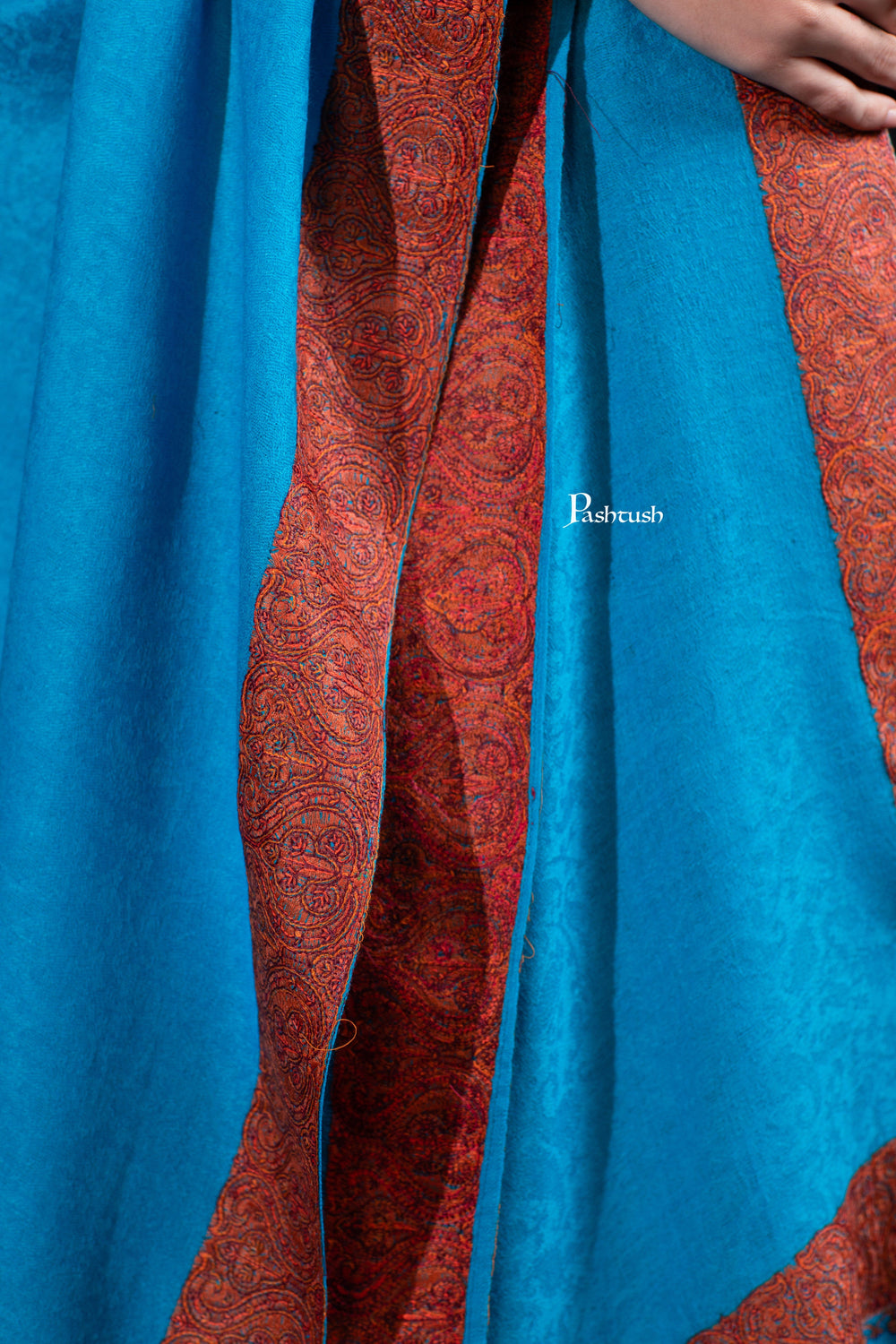 Pashtush India Womens Shawls Pashtush Womens Extra Fine Wool Shawl, Border Embroidered Challa Daur, Arabic Blue