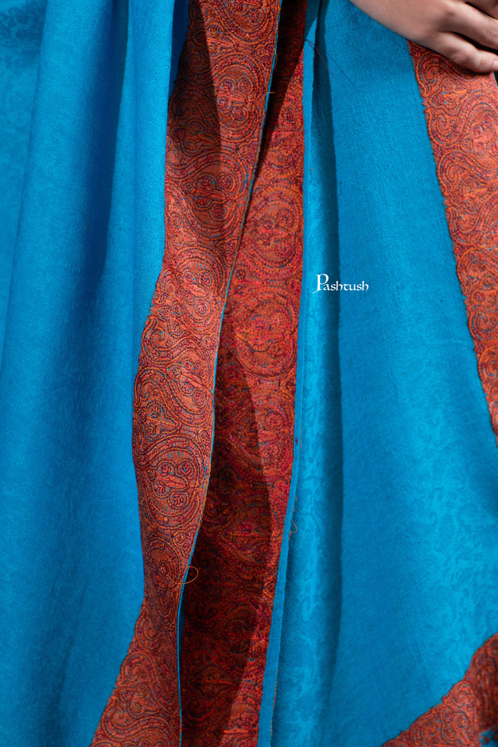 Pashtush India Womens Shawls Pashtush Womens Extra Fine Wool Shawl, Border Embroidered Challa Daur, Arabic Blue