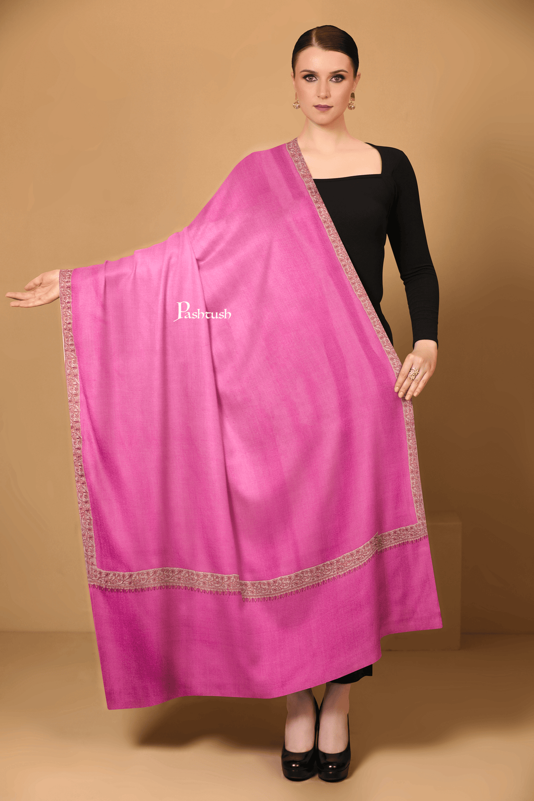 Pashtush India Womens Shawls Pashtush Womens Extra Fine Wool Shawl, Border Embroidered Challa Daur Design, Majenta