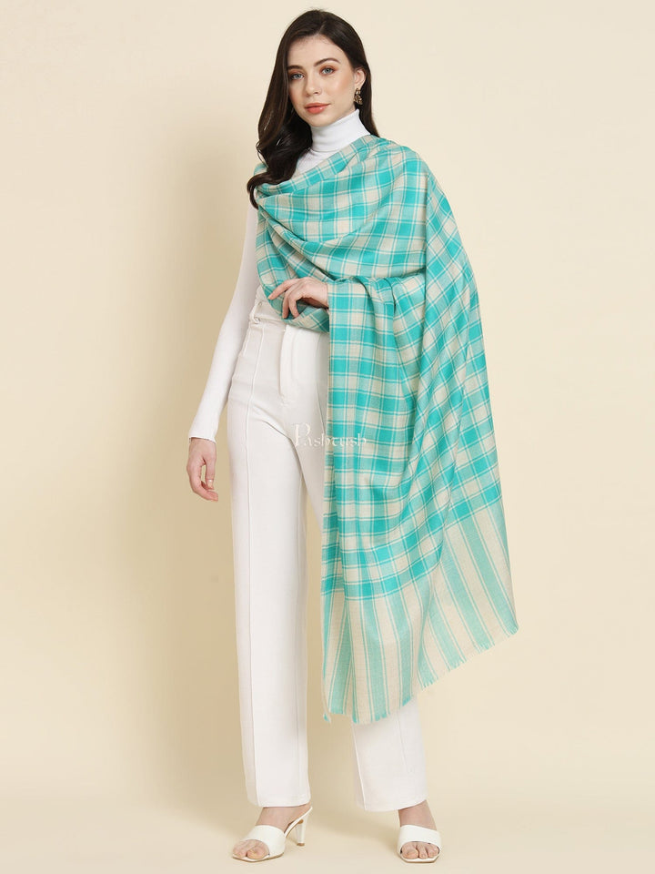 Pashtush India Womens Shawls Pashtush Womens Extra Fine Wool Shawl, Check Design, Seagreen