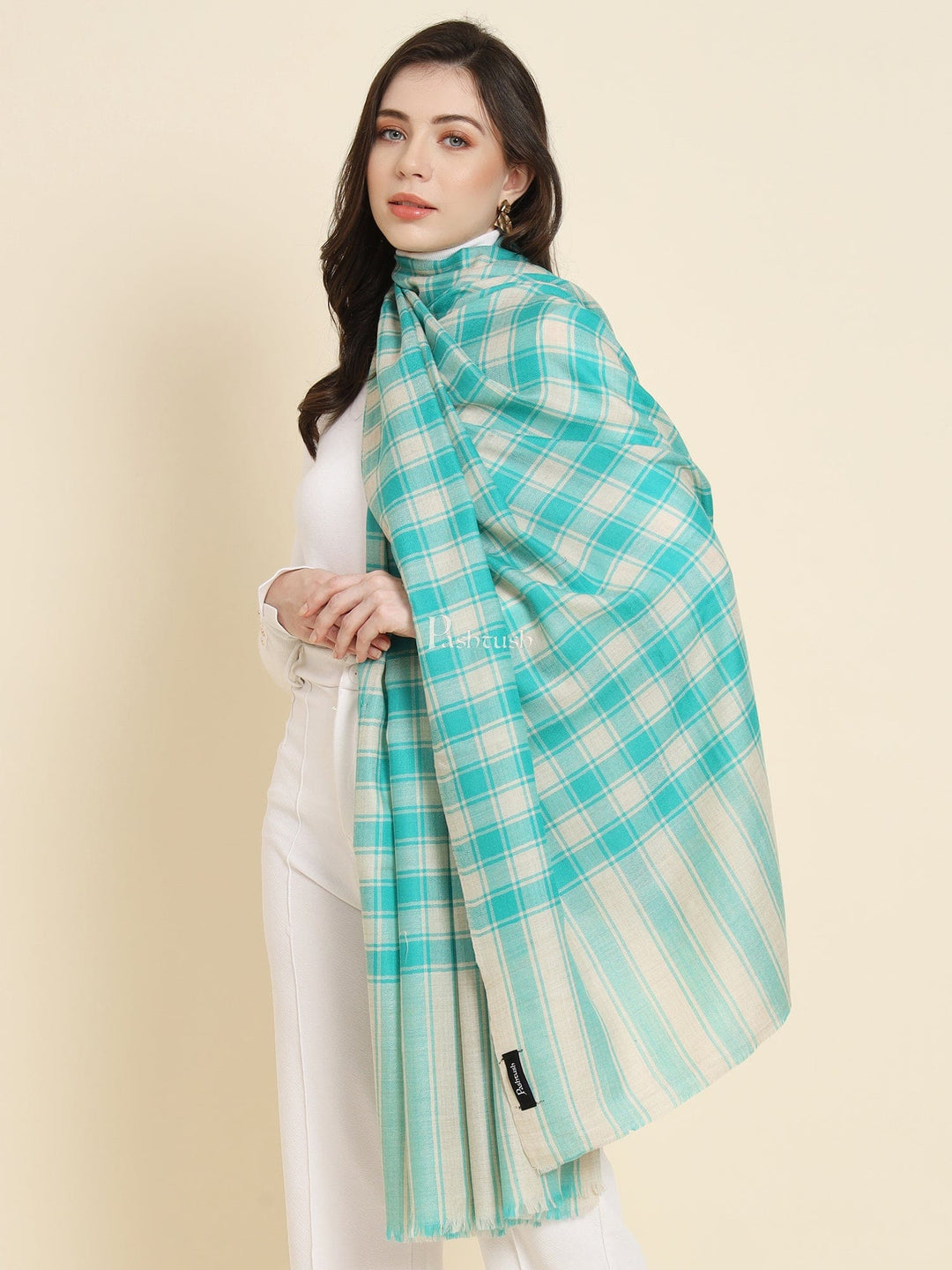 Pashtush India Womens Shawls Pashtush Womens Extra Fine Wool Shawl, Check Design, Seagreen