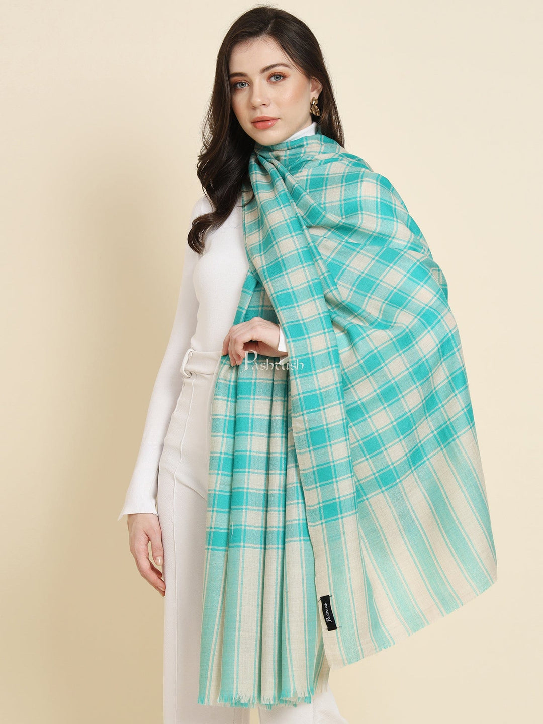 Pashtush India Womens Shawls Pashtush Womens Extra Fine Wool Shawl, Check Design, Seagreen