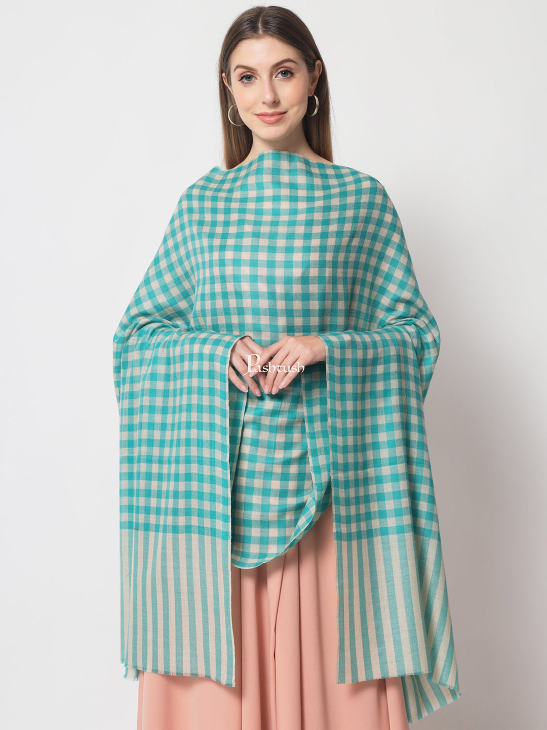 Pashtush India Womens Shawls Pashtush Womens Extra Fine Wool Shawl, Checkered design, Arabic Sea Blue