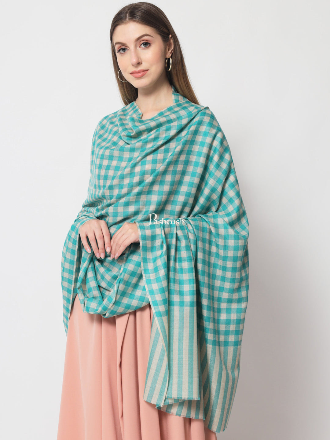 Pashtush India Womens Shawls Pashtush Womens Extra Fine Wool Shawl, Checkered design, Arabic Sea Blue