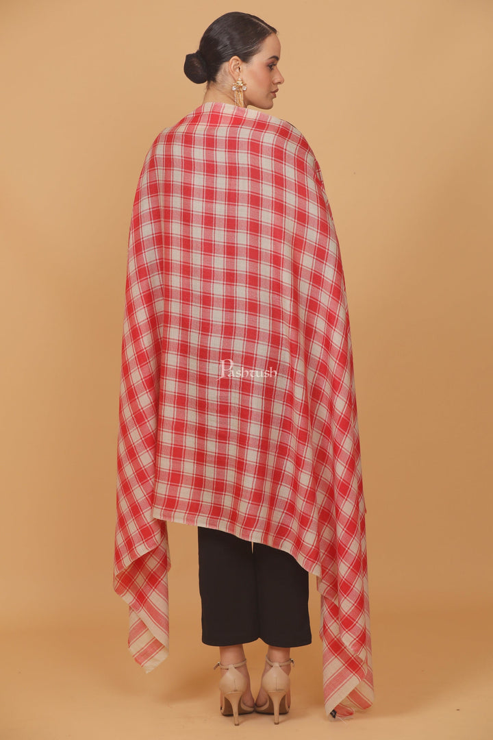 Pashtush India Womens Stoles and Scarves Scarf Pashtush womens Extra Fine Wool shawl, CHECKERED design, Beige And Red