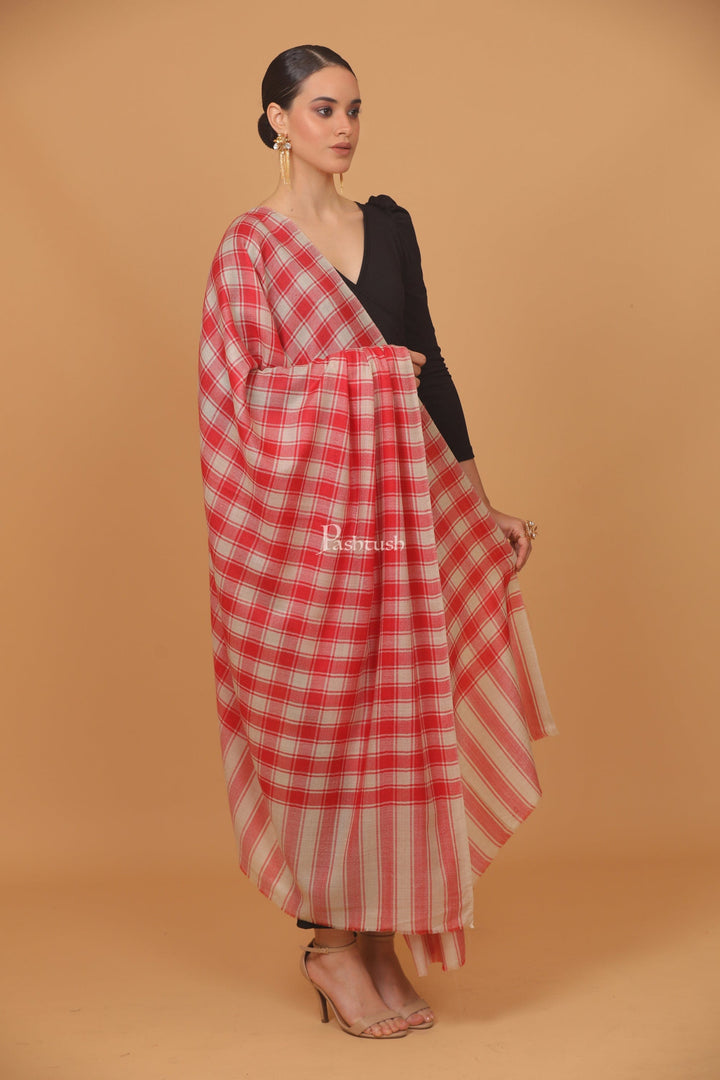 Pashtush India Womens Stoles and Scarves Scarf Pashtush womens Extra Fine Wool shawl, CHECKERED design, Beige And Red