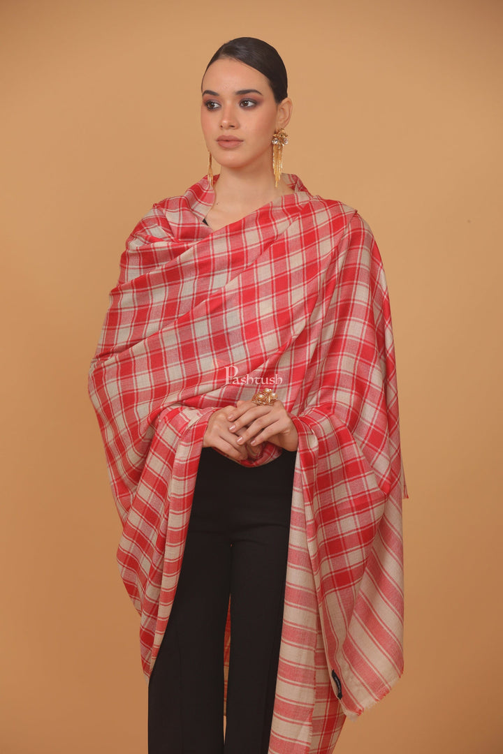 Pashtush India Womens Stoles and Scarves Scarf Pashtush womens Extra Fine Wool shawl, CHECKERED design, Beige And Red